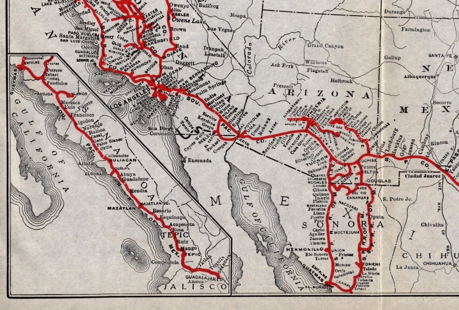 1916 Antique SOUTHERN PACIFIC RAILROAD Map Vintage Railway Map Wall Decor 1575