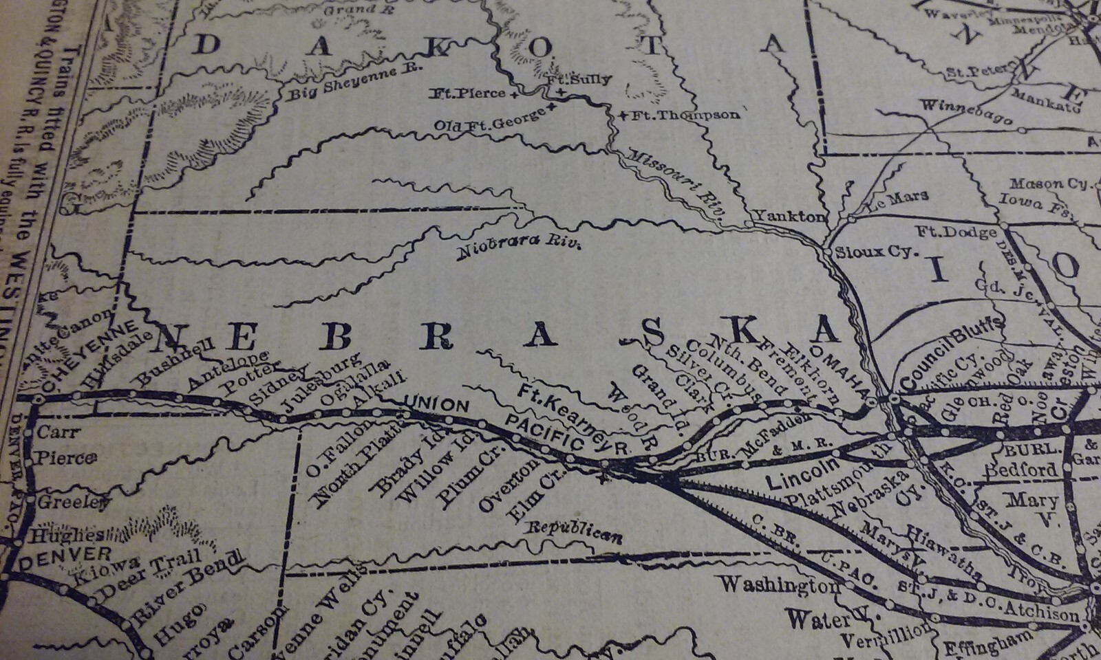 Rare 1876 CHICAGO, BURLINGTON and QUINCY Railroad Print Map & Routes