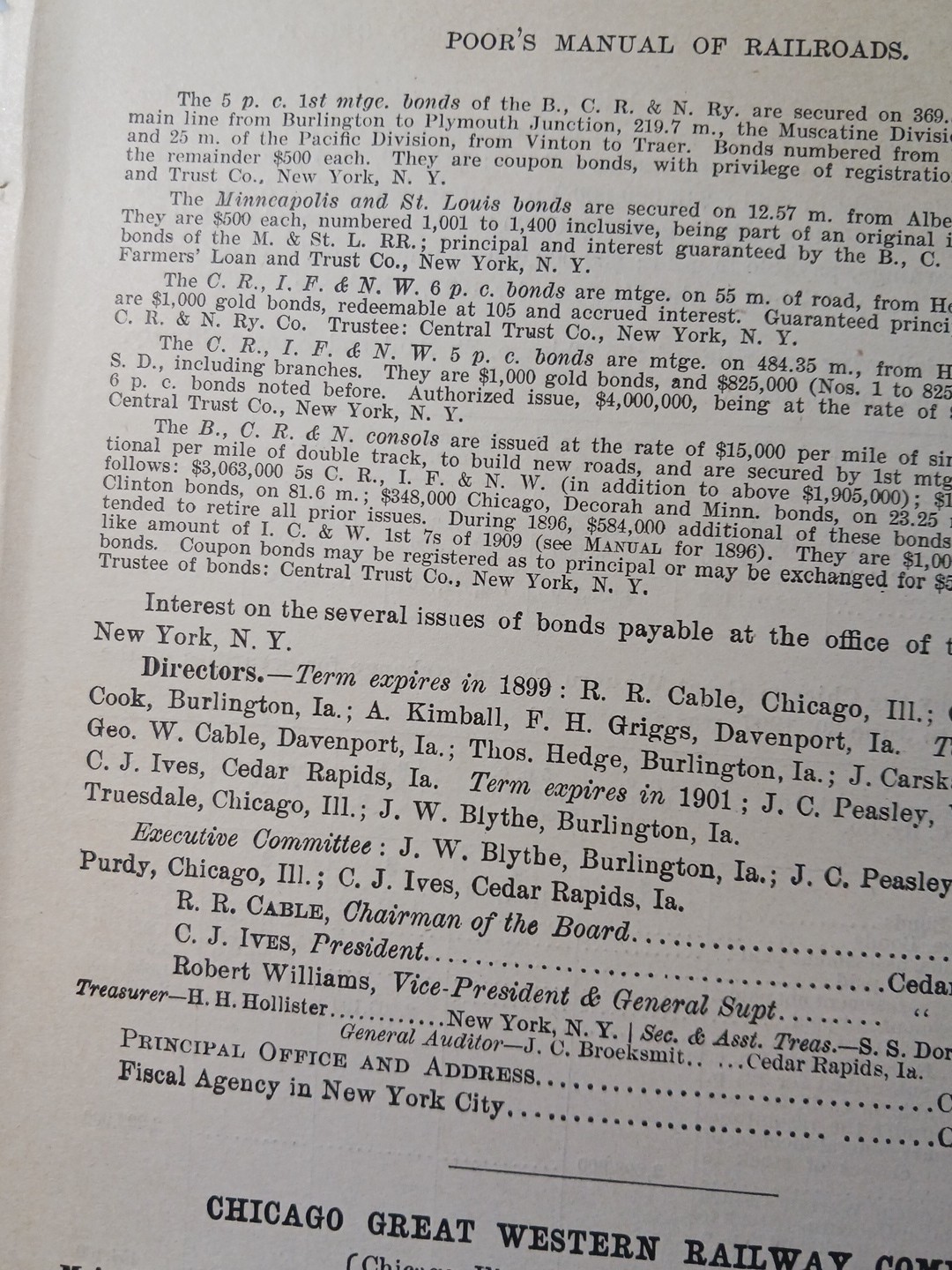 ~1898 Train Route Map + Railroad Report BURLINGTON CEDAR RAPIDS & NORTHERN Railw