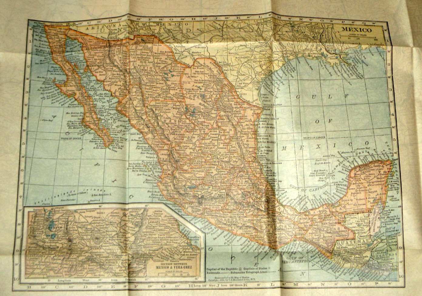 1906-UNITED STATES & CANADA HAMMONDS RAILROAD MAP & 1904 MEXICO HAMMONDS MAP-21″