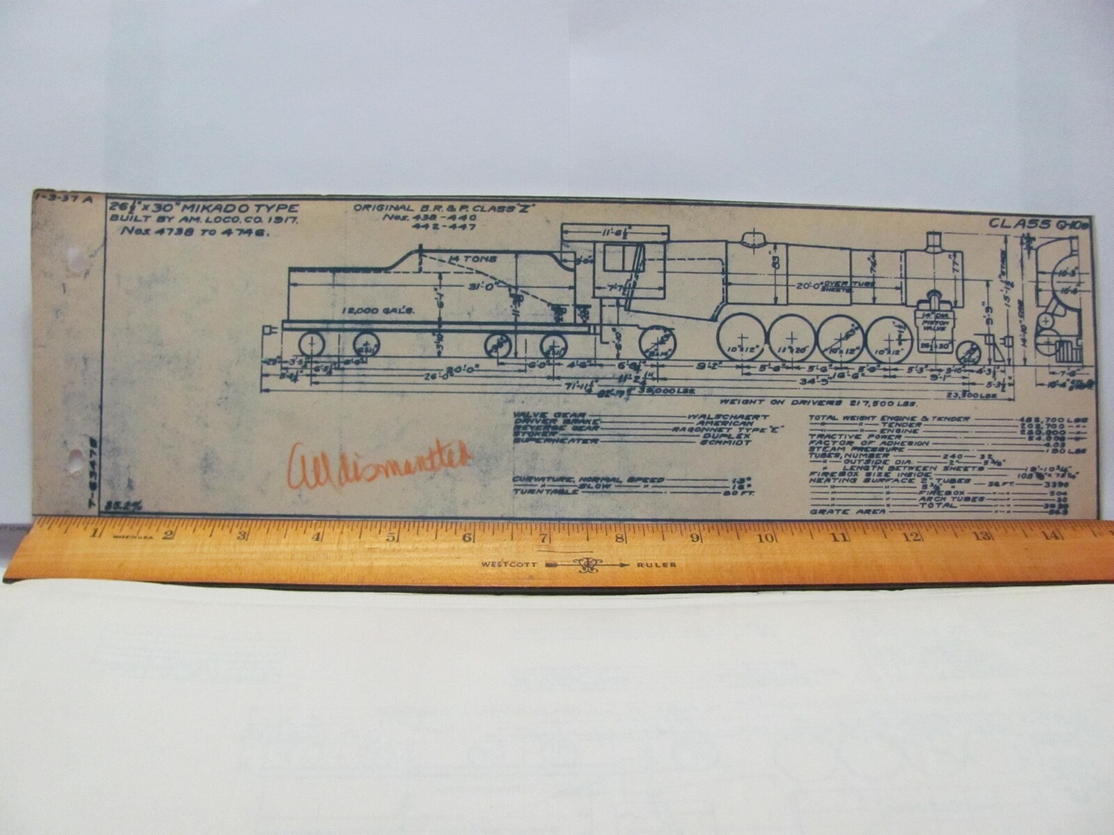 BALTIMORE & OHIO RAILROAD ORIG BLUEPRINT DATA DIAGRAM Q-10 LOCOMOTIVES 4738-4746
