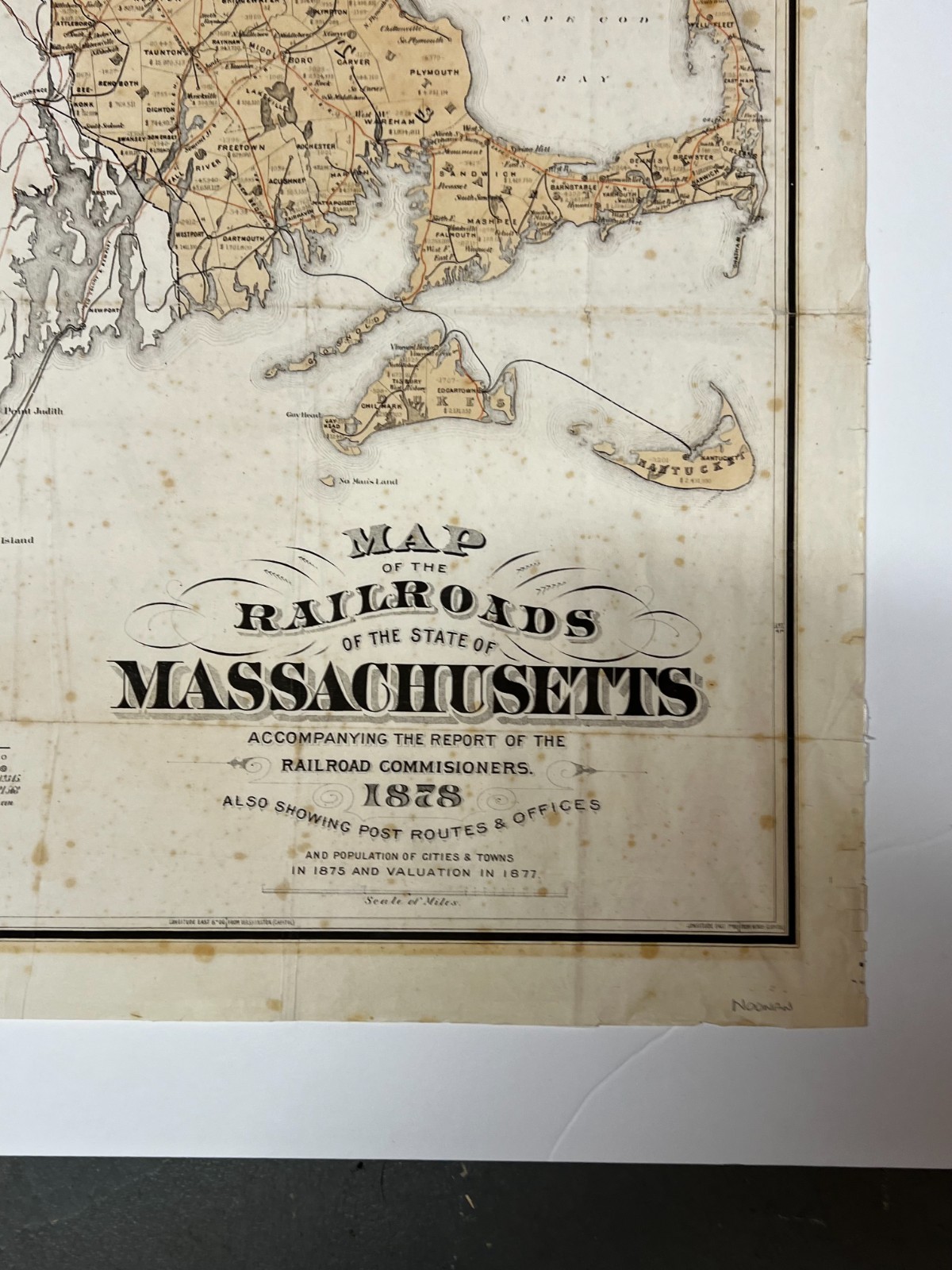 Original 1878 Map of the Railroads of the State of Massachusetts. Big Map