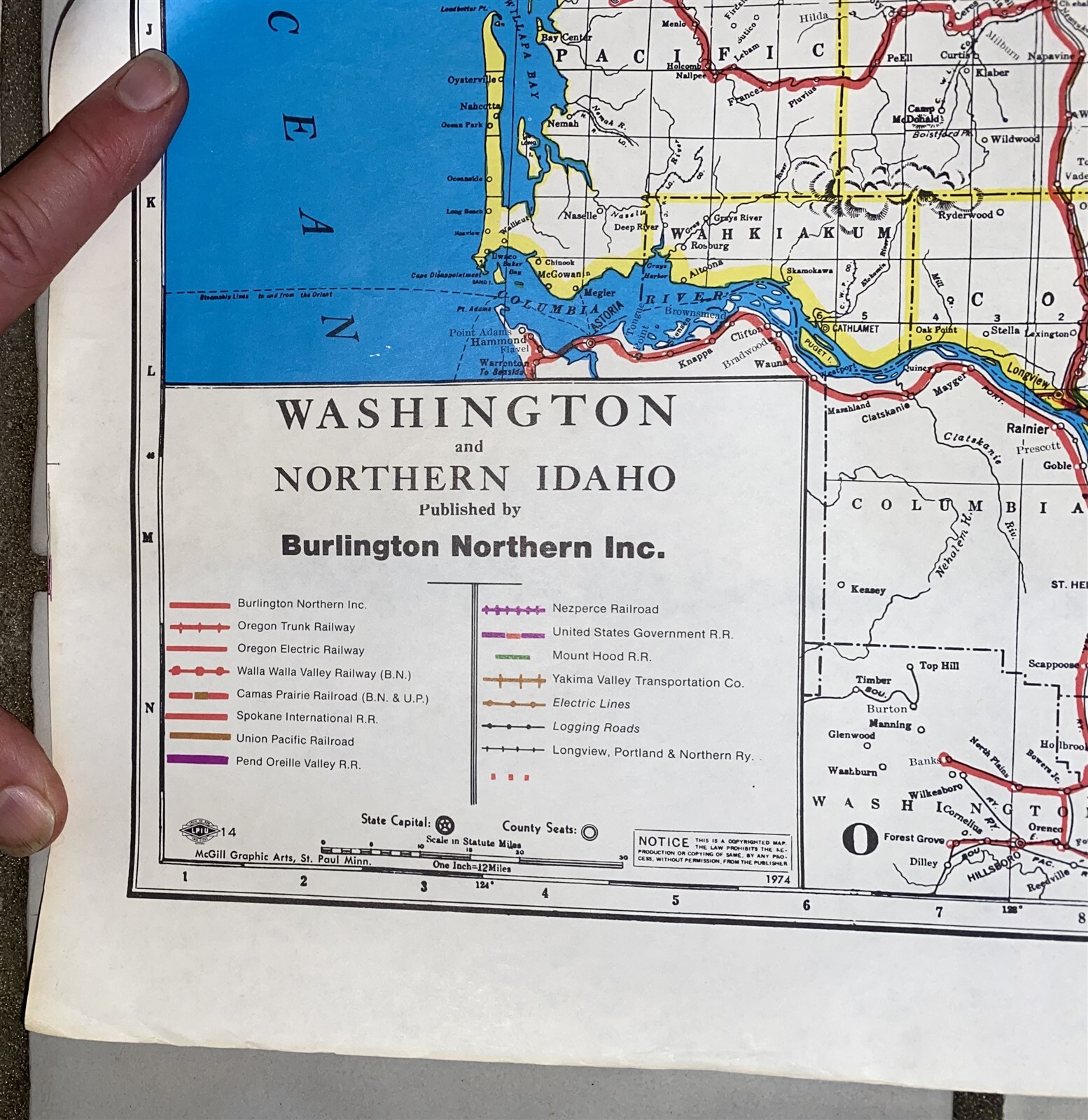 Large 1974 Burlington Northern Railroad Washington N. Idaho Map Poster NO FOLDS