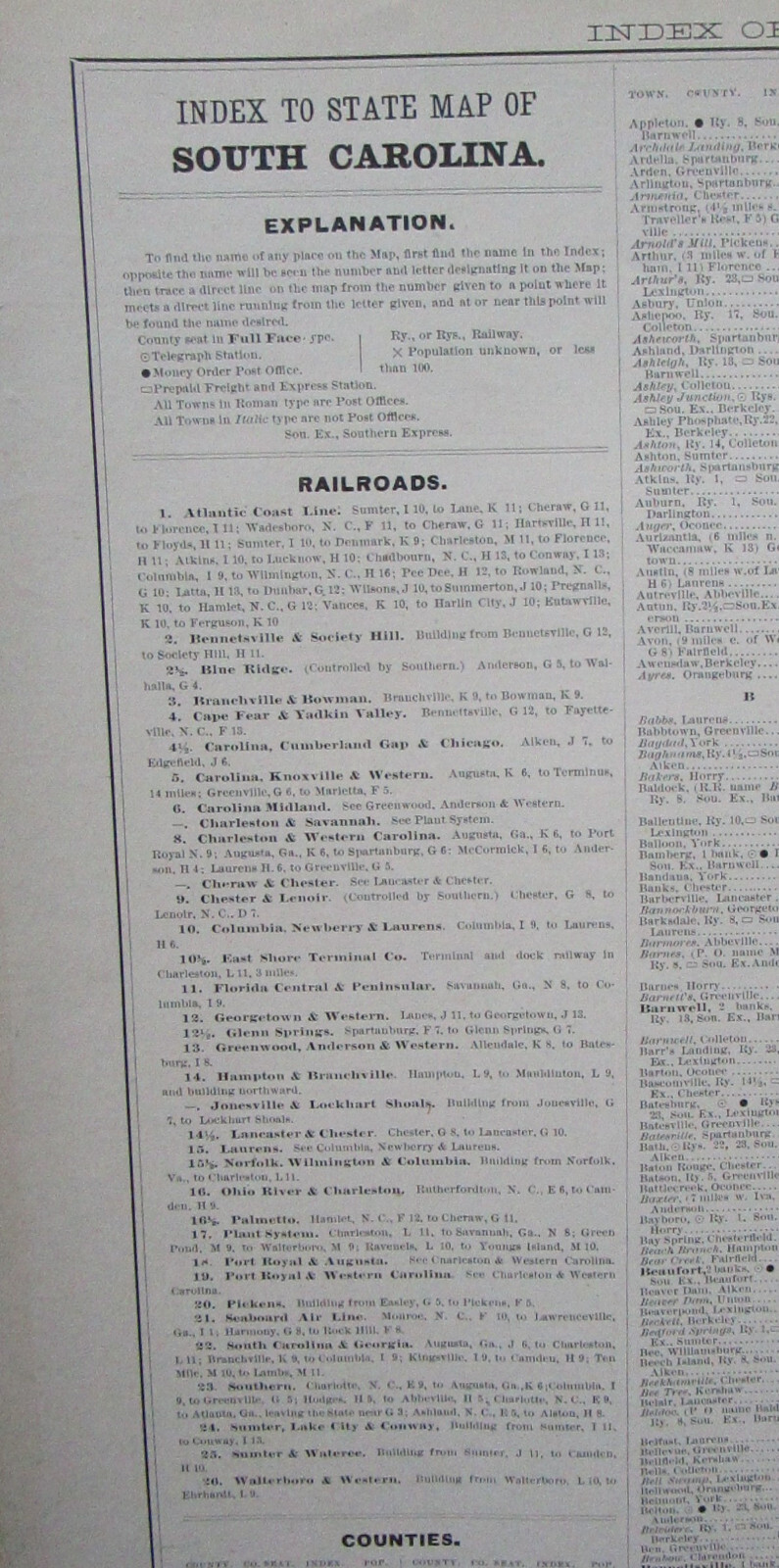 NC SC 1897 NORTH / SOUTH CAROLINA Cram RAILROAD Map. RED SPRINGS & BOWMORE RR