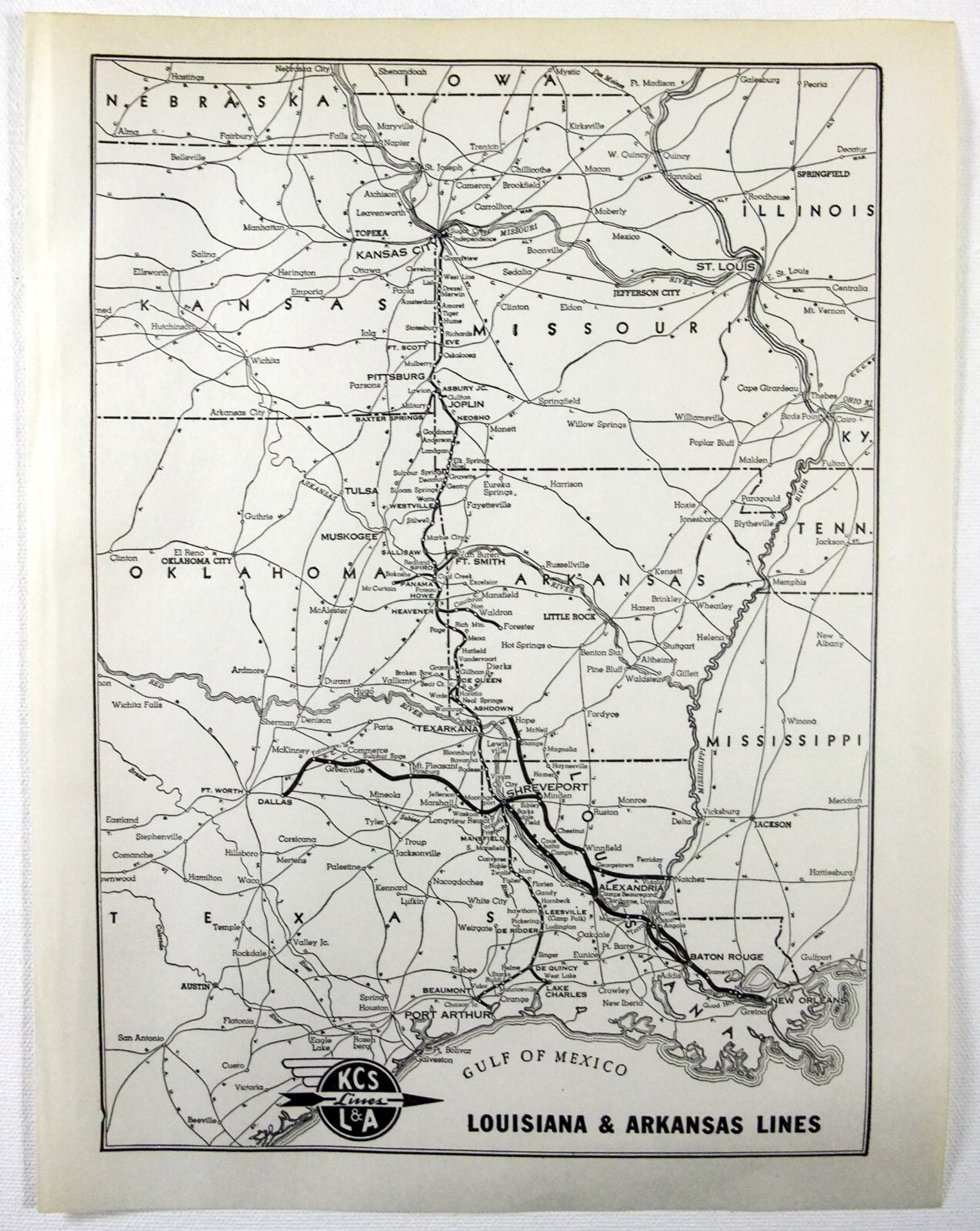 Louisiana & Arkansas Lines – Original 1941 Railroad System Map. Vintage Railway
