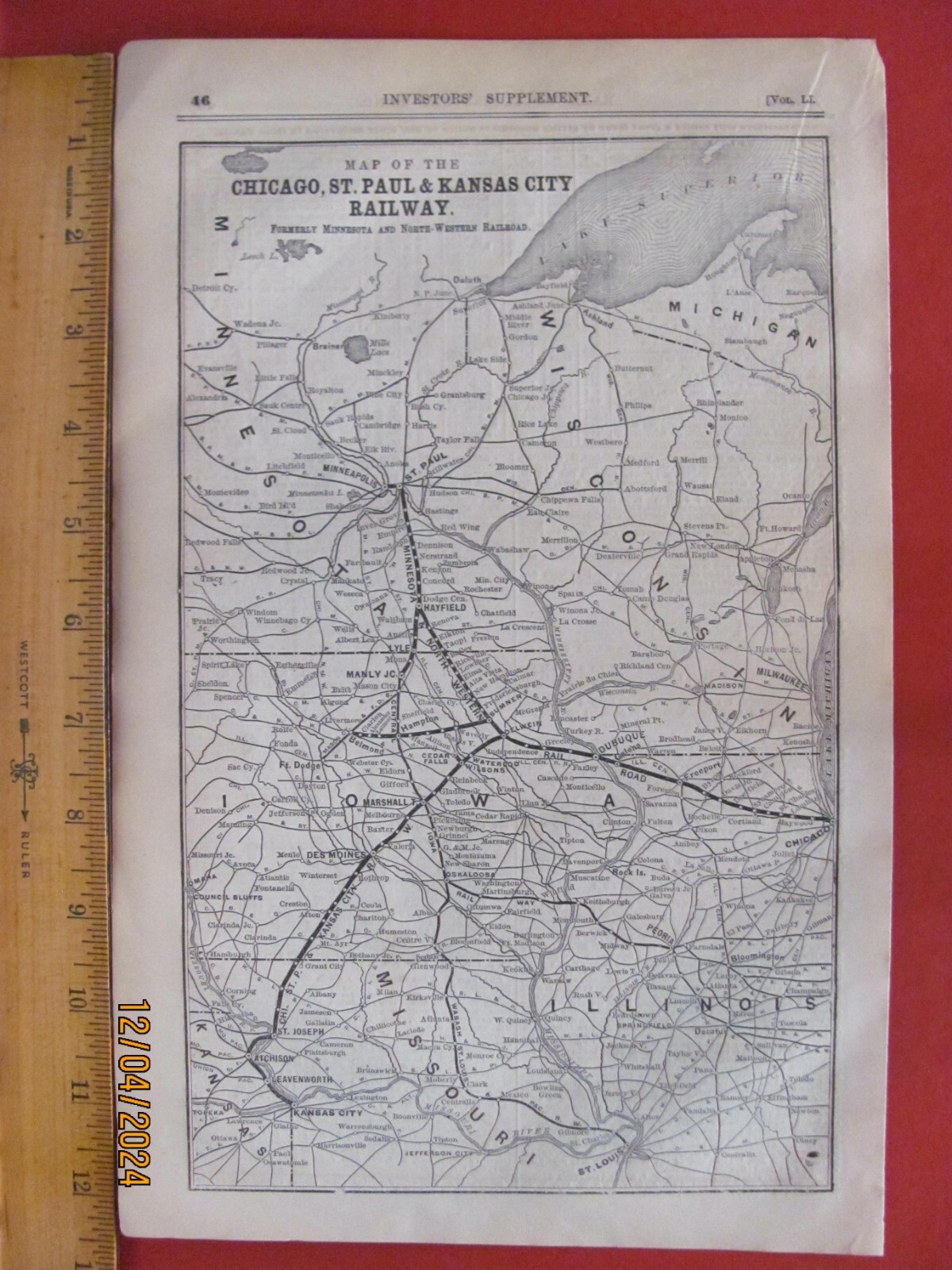 1890 CHICAGO ST PAUL & KANSAS CITY RAILROAD ORIGINAL SYSTEM ROUTE MAP in MN IA M