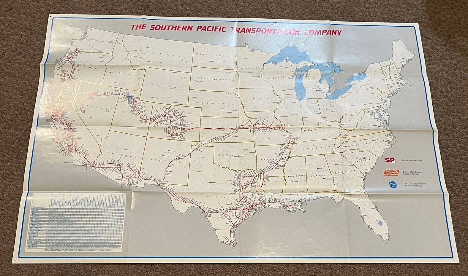 SOUTHERN PACIFIC TRANSPORTATION COMPANY RAILROAD MAP 38″x25″ 1980’s