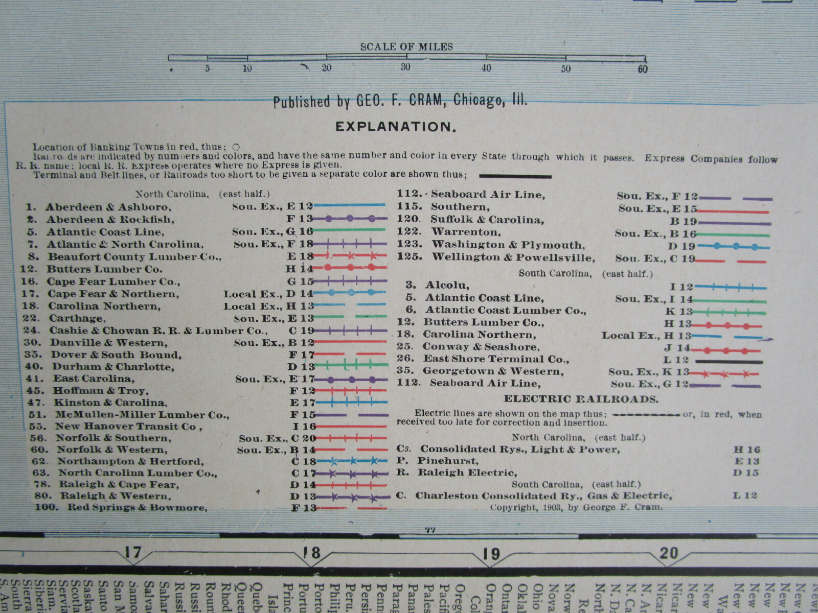 NC SC 1903 EASTERN NORTH / SOUTH CAROLINA Cram INTERURBAN + STEAM RAILROADs Map.