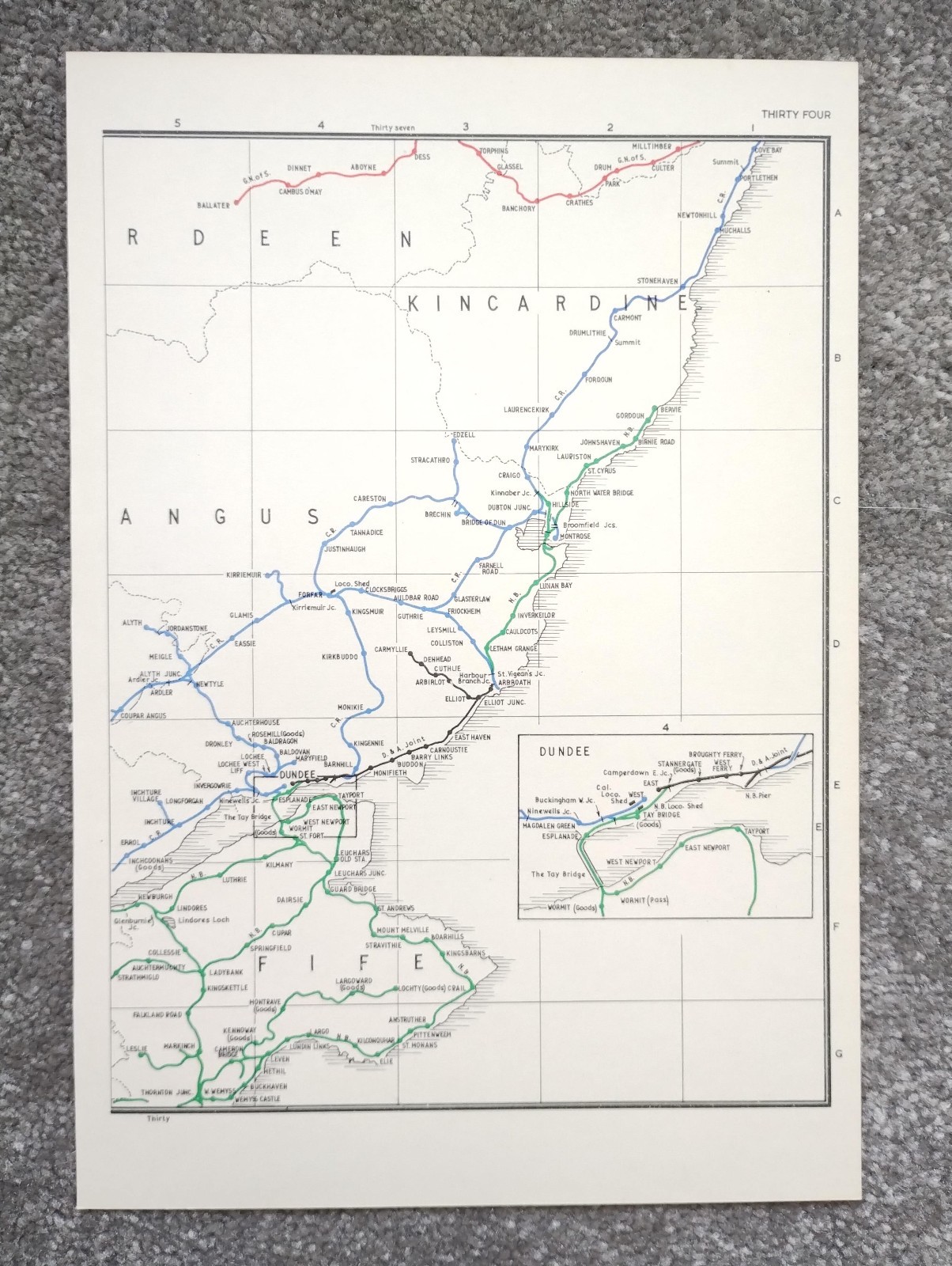 Vintage 1980 map showing Pre Grouping Rail Lines of Dundee