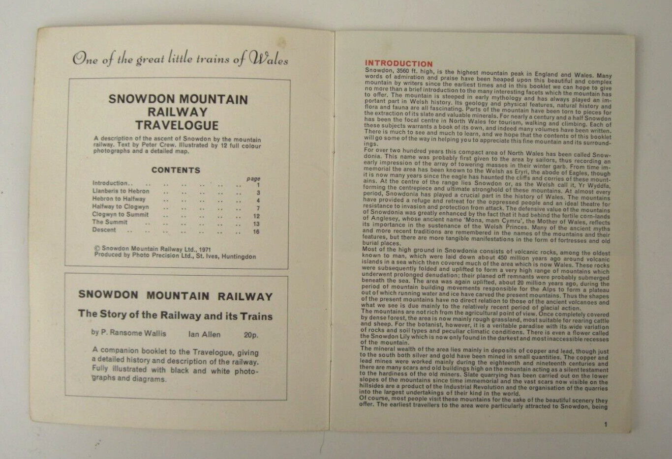 Snowdon Mountain Railway Travelogue/ Guide 1971