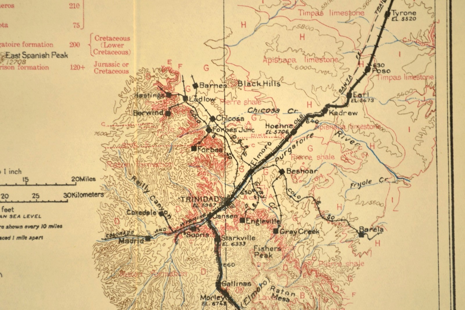 1915 Antique Santa Fe Railroad Map Line Trinidad Colorado Raton NM Geological