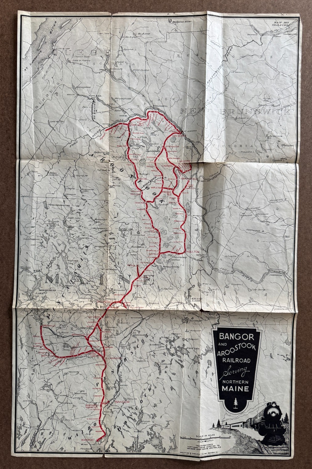 Vintage ca 1930s 17×27 Bangor and Aroostock RR Railroad Route Map Northern Maine