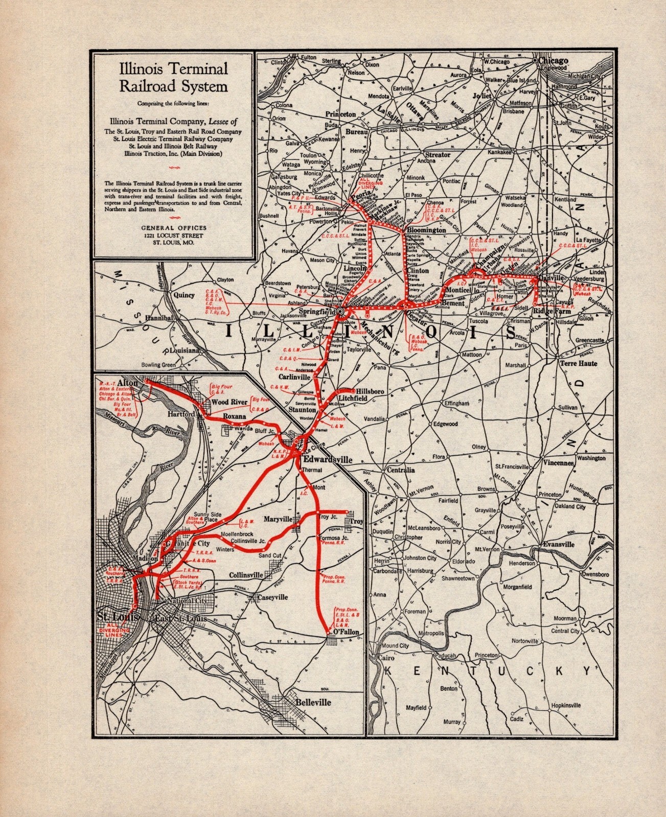 1924 Antique Illinois Terminal Railroad System Map Vintage Railway Map 2349