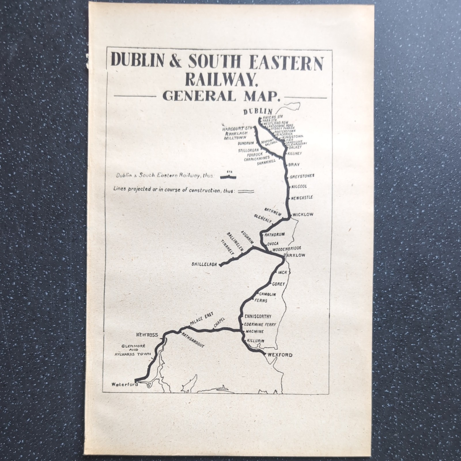Original 1917 Railway map of Dublin and South Eastern Railway General Map