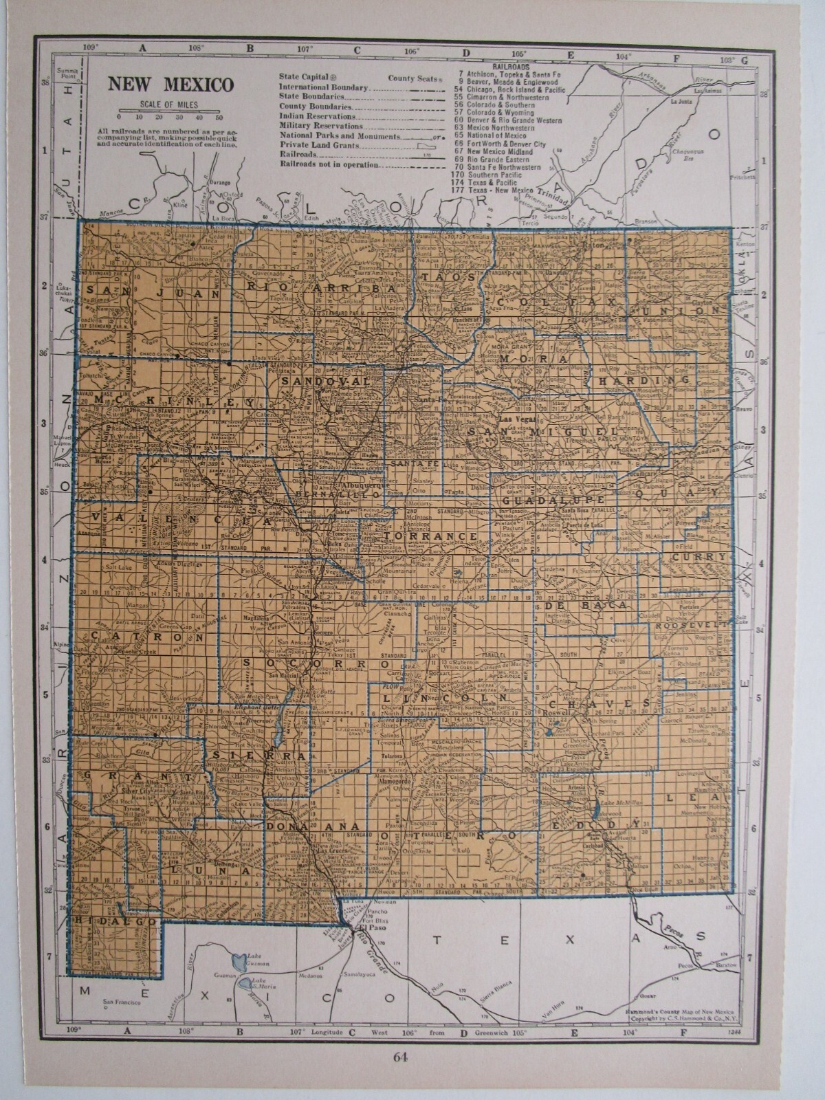 NM NJ Vtg 1939 NEW MEXICO RAILROAD Map. SANTA FE NORTHWESTERN RR or NEW JERSEY