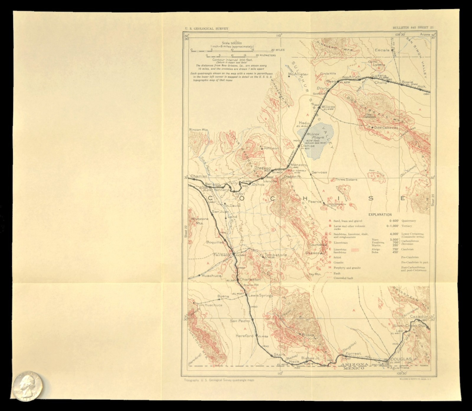 Southern Pacific Railroad Map Douglas Arizona Tombstone Willcox Dragoon Mtns