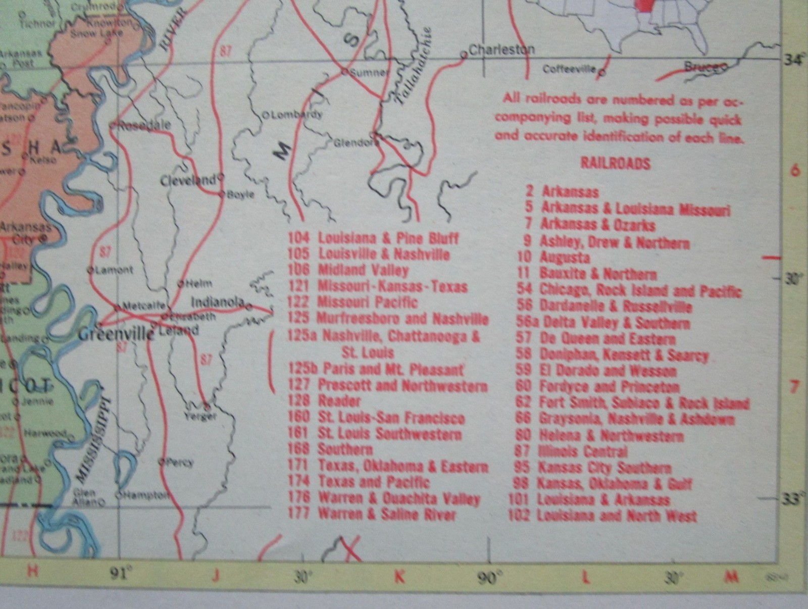 CA AR Vintage 1957 CALIFORNIA RAILROAD MAP. ARKANSAS 1950s ASHLEY DREW NRTH’N RR