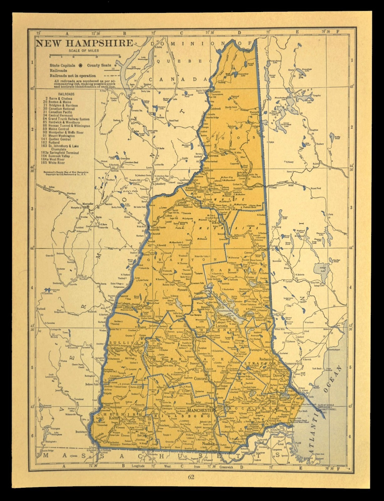 ca1939 NEW HAMPSHIRE Railroad Map Original Atlas Map Depot Towns BM RR Historic