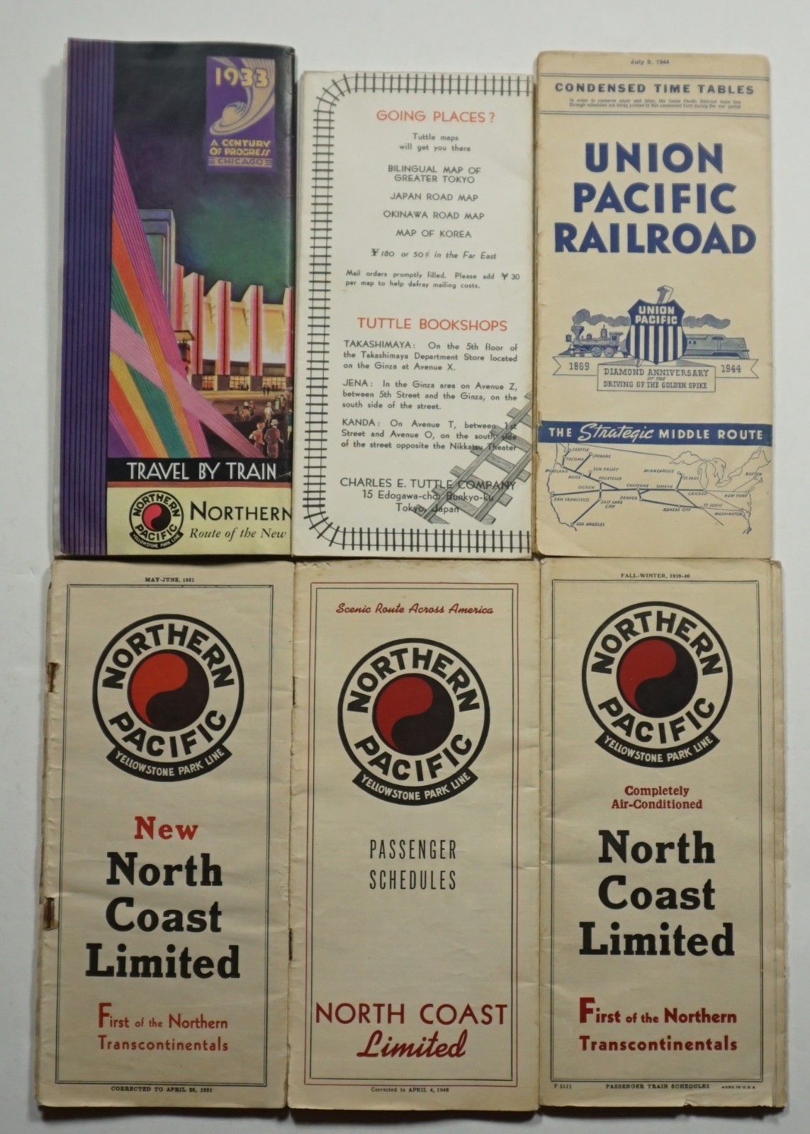 Lot of 6 Railway Maps & Schedules Railroad Trains Northern Pacific Tokyo Union