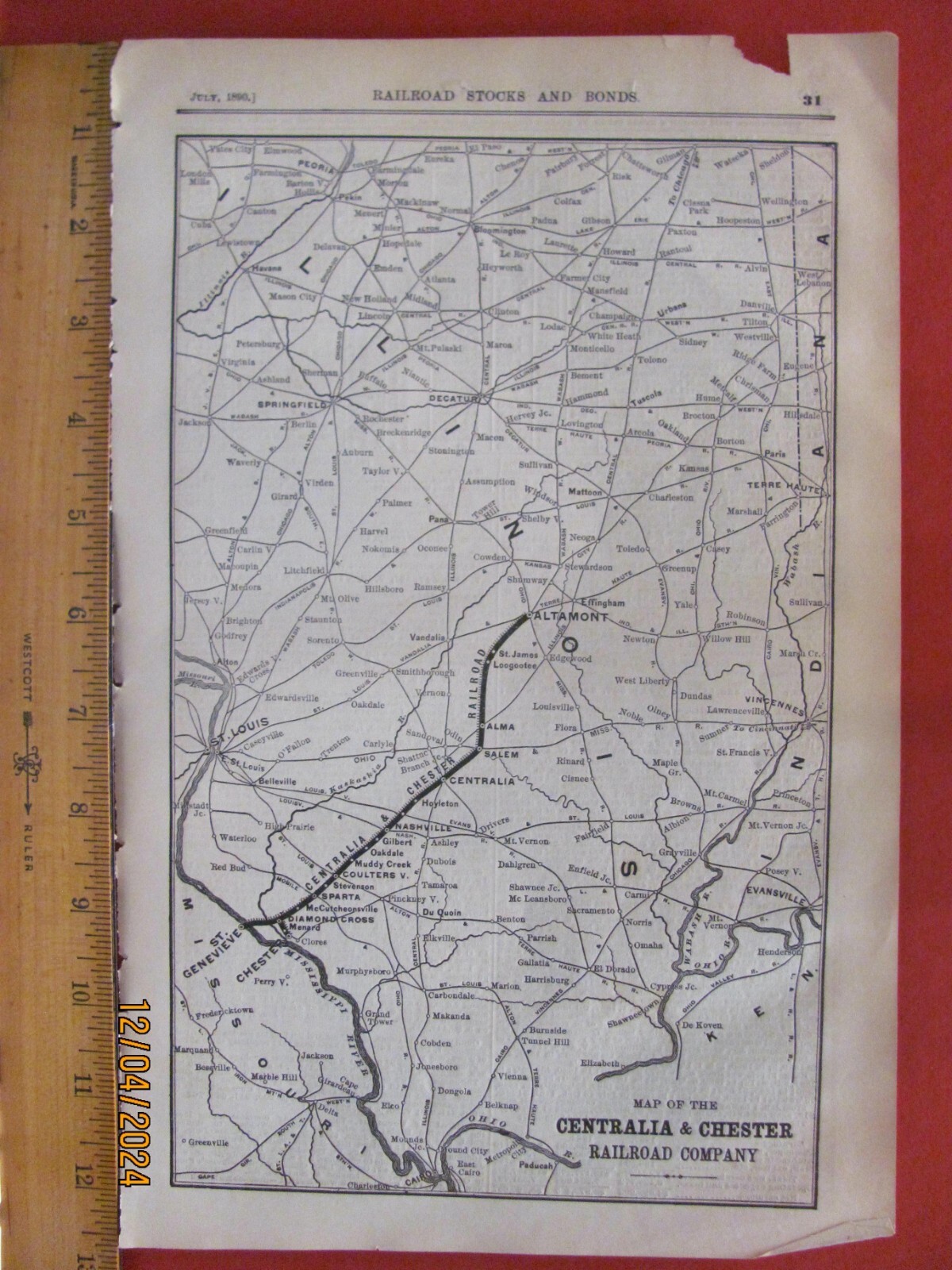 1890 CENTRALIA & CHESTER RAILROAD ORIGINAL SYSTEM ROUTE MAP in ILLINOIS