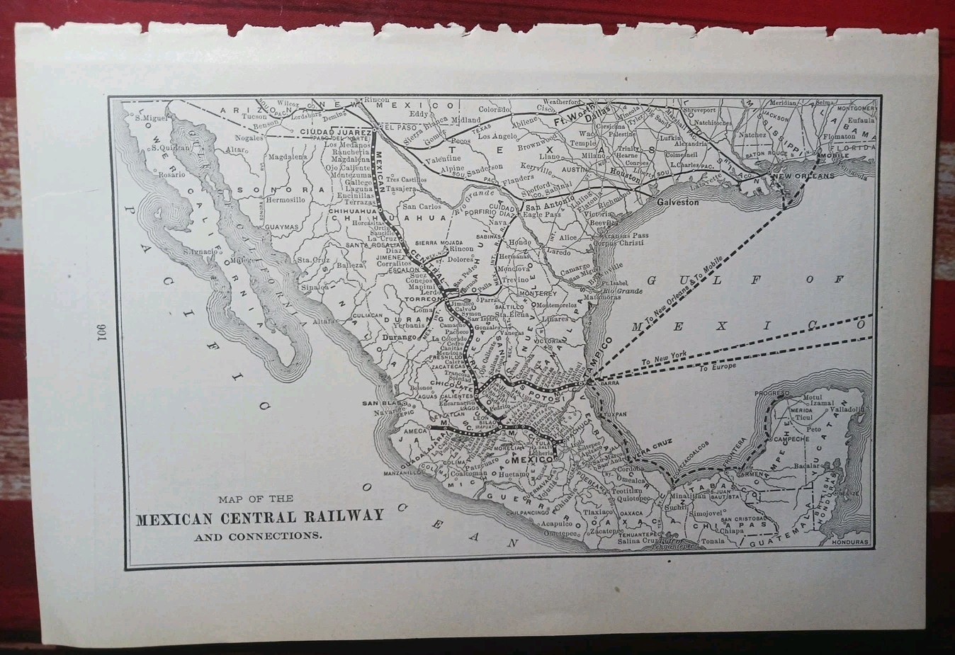 1897 Train Route Map MEXICAN CENTRAL RAILWAY Tampico Mexico Railroad Steamship