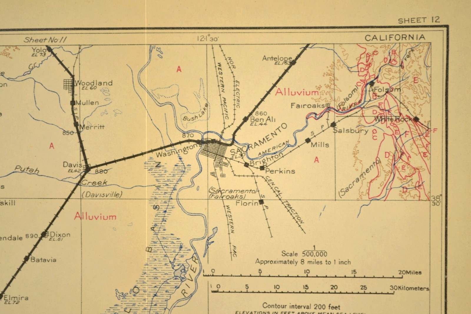 1915 Antique Southern Pacific Railroad Map Line Sacramento California Concord CA