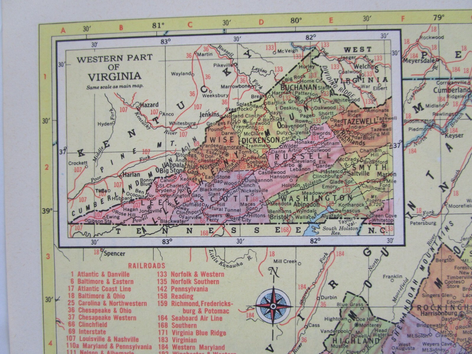 VA VT 1959 VIRGINIA RAILROAD Map B&O, C&O, WINCHESTER & WESTERN or VERMONT