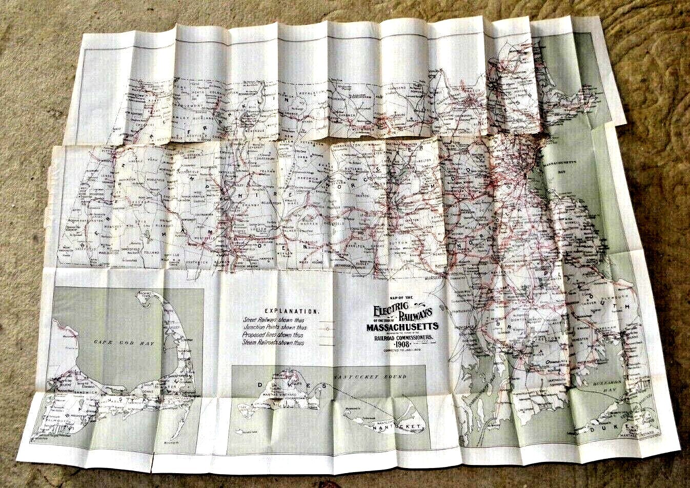 ANTIQUE LARGE MAP OF THE ELECTRIC RAILWAYS STATE OF MASSACHUSETTS RAILROADS 1908