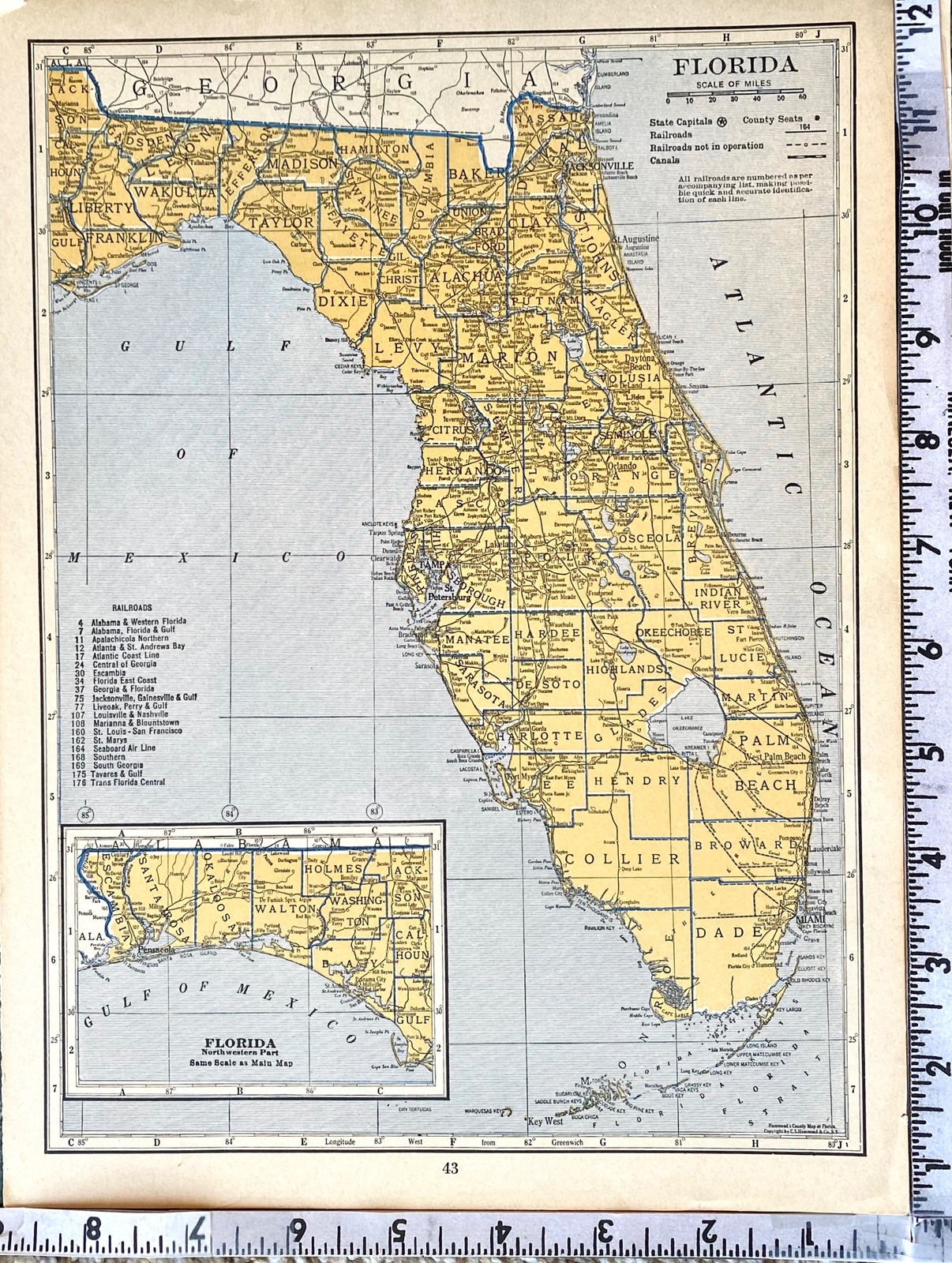 FLORIDA & GEORGIA Original c 1935 County & Railroad Maps. Hammond & Co. 9×12″
