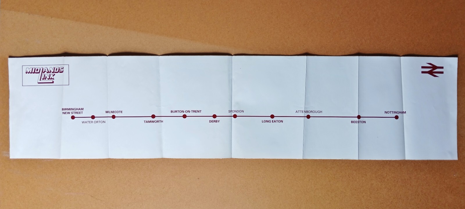 BR Railway Map Vinyl 8″ x 36″ – Midlands Link – Birmingham & Nottingham – c.1985
