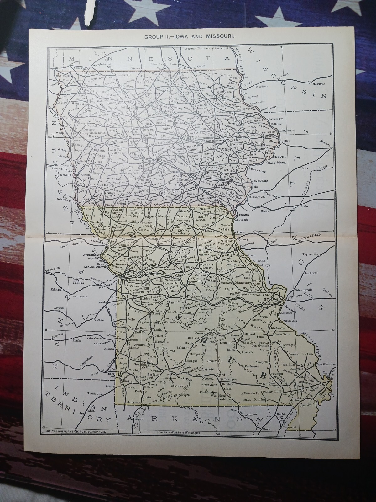 1889 Original railroad map IOWA Missouri All Train Routes 11″x9″ Town Stations