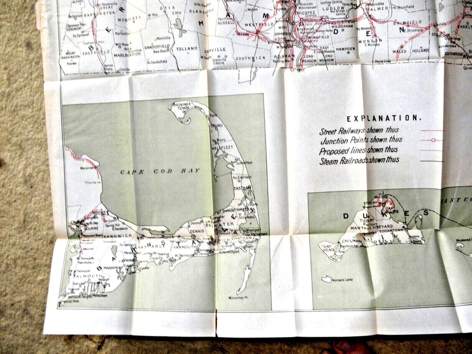 ANTIQUE LARGE MAP OF THE ELECTRIC RAILWAYS STATE OF MASSACHUSETTS RAILROADS 1908
