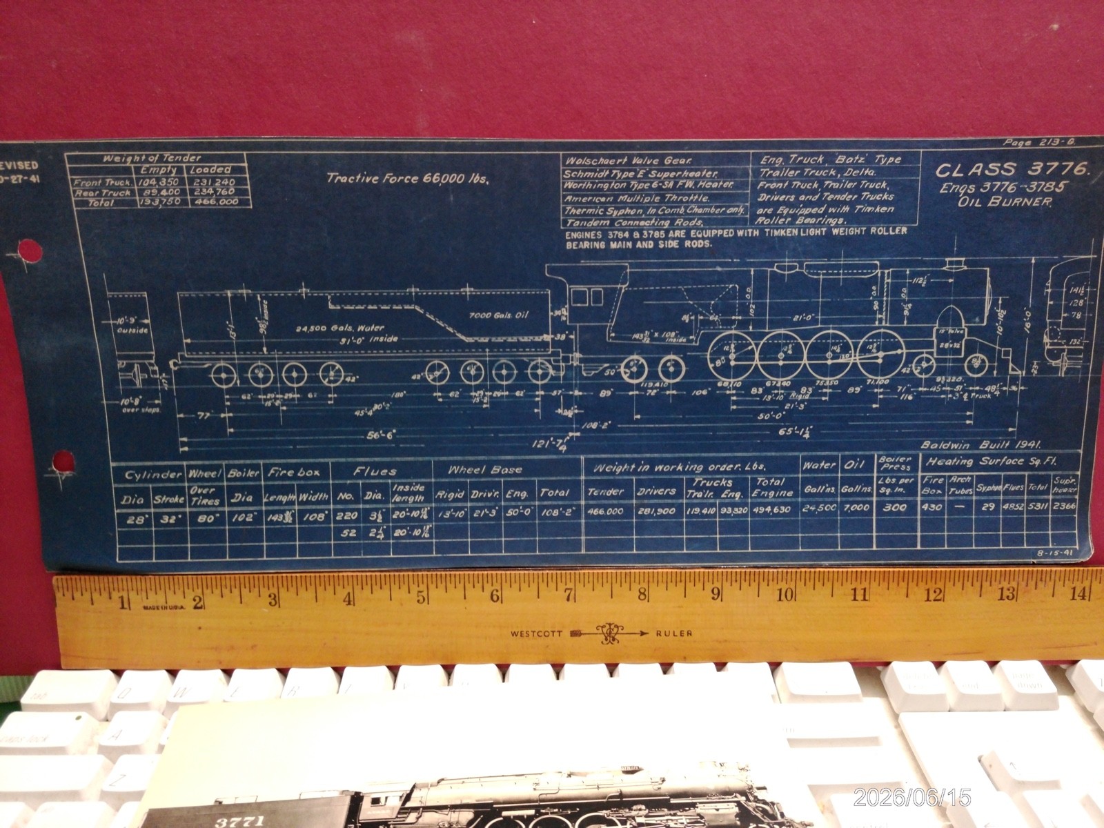 AT&SF RAILROAD ORIG BLUEPRINT DATA DIAGRAM BUILDERS PHOTO 4-8-4 LOCOMOTIVE #3751
