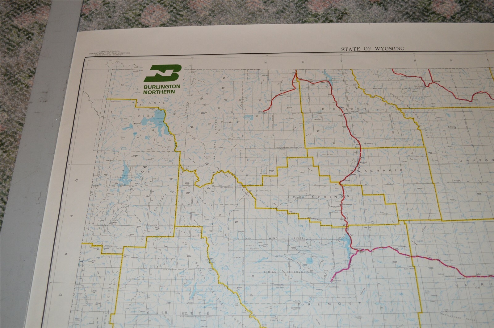 Large 1973 Burlington Northern Railroad Wyoming Map Poster NO FOLDS