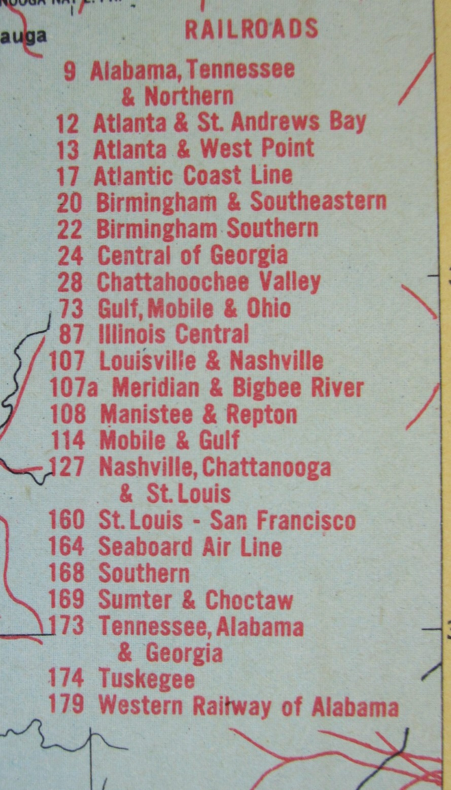 AL AZ Vintage 1952 ALABAMA RAILROAD Map. CHATTAHOOCHEE VALLEY RR or ARIZONA