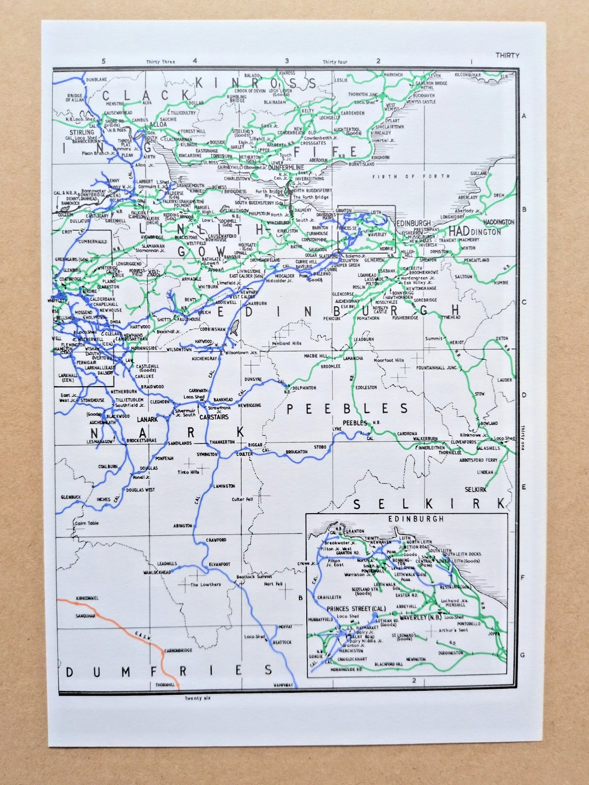 Vintage 1972 map showing Pre Grouping Rail Lines of Edinburgh and Surrounds