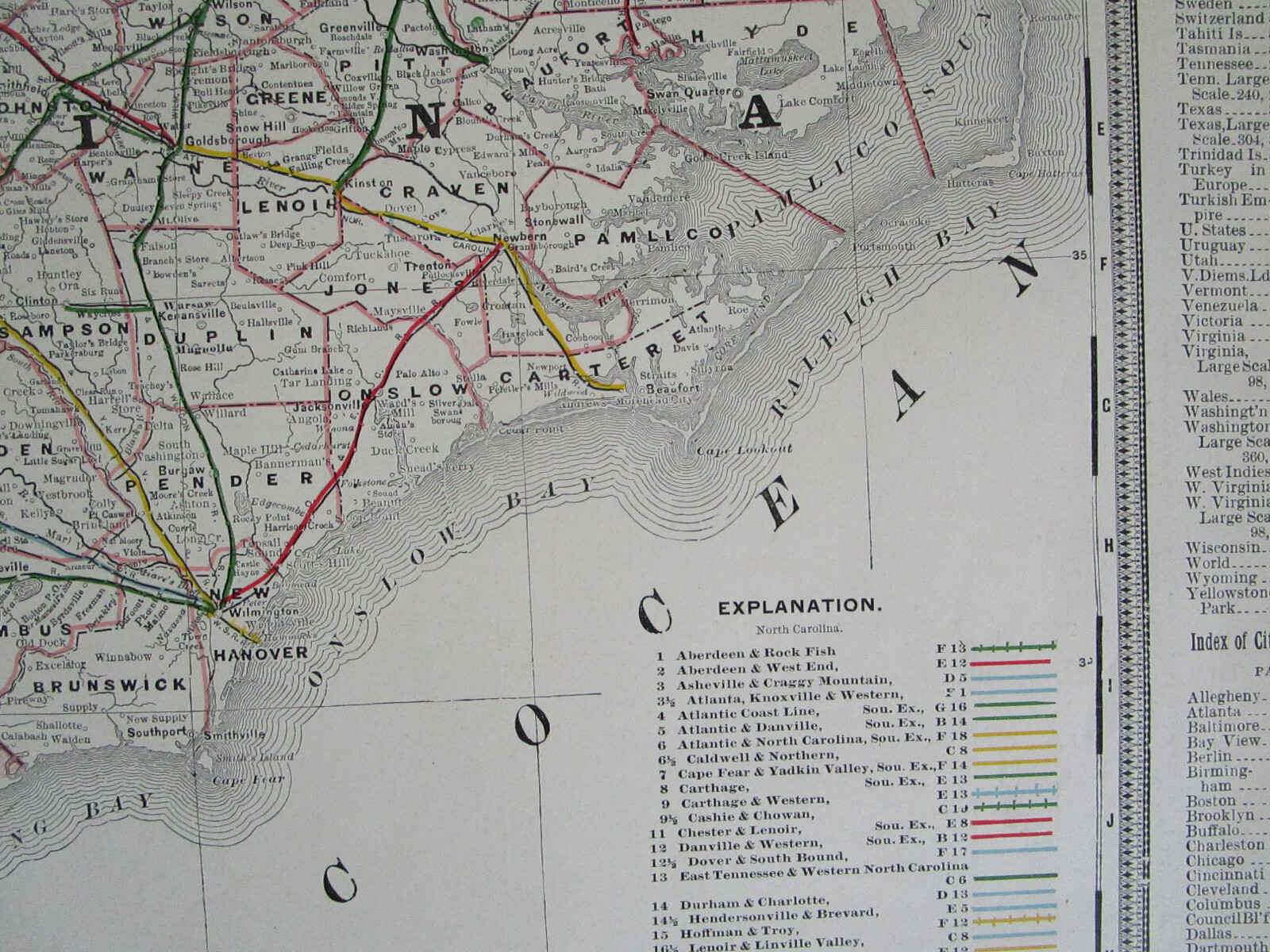 NC SC 1897 NORTH / SOUTH CAROLINA Cram RAILROAD Map. RED SPRINGS & BOWMORE RR
