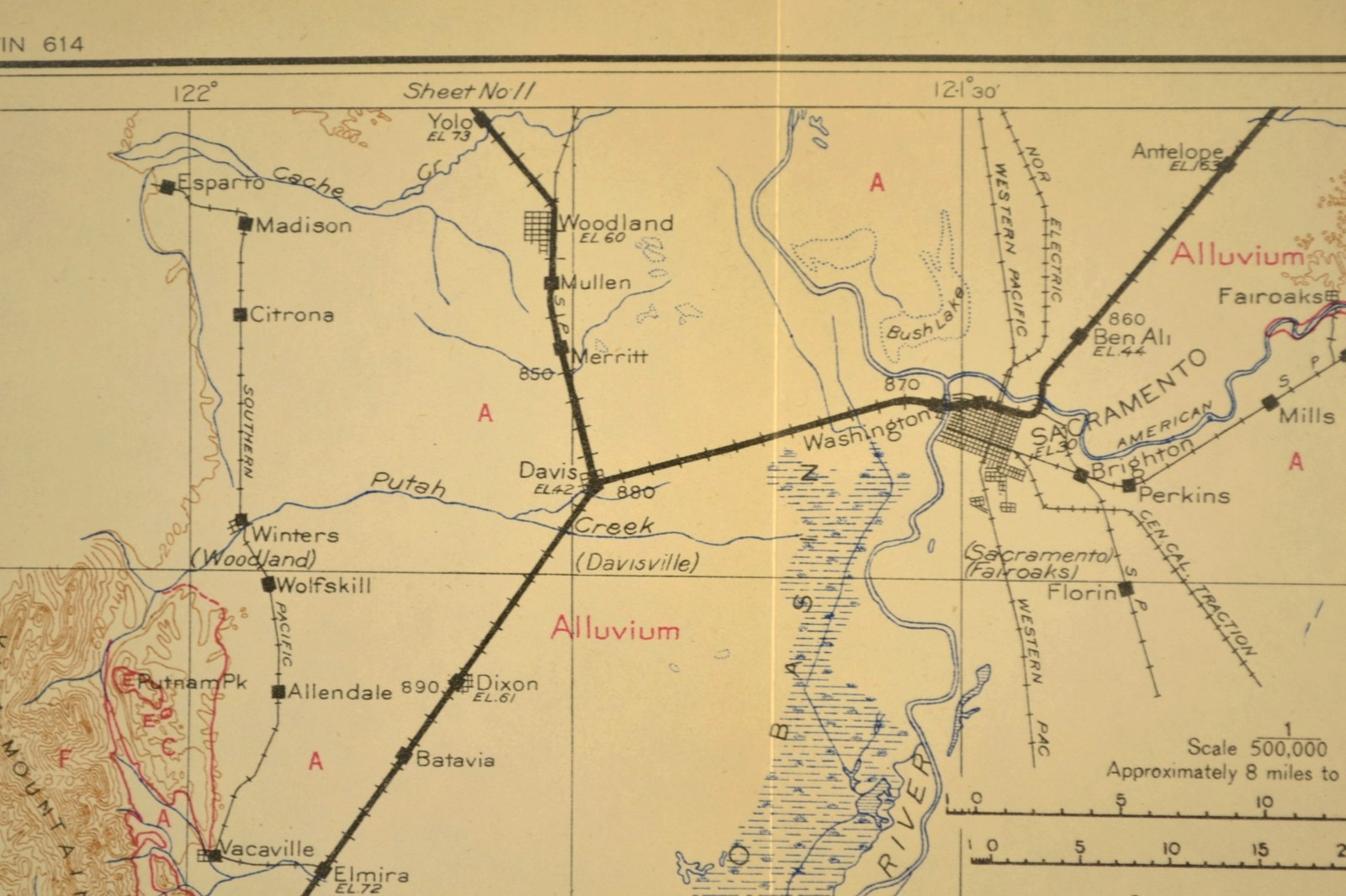 1915 Antique Southern Pacific Railroad Map Line Sacramento California Concord CA
