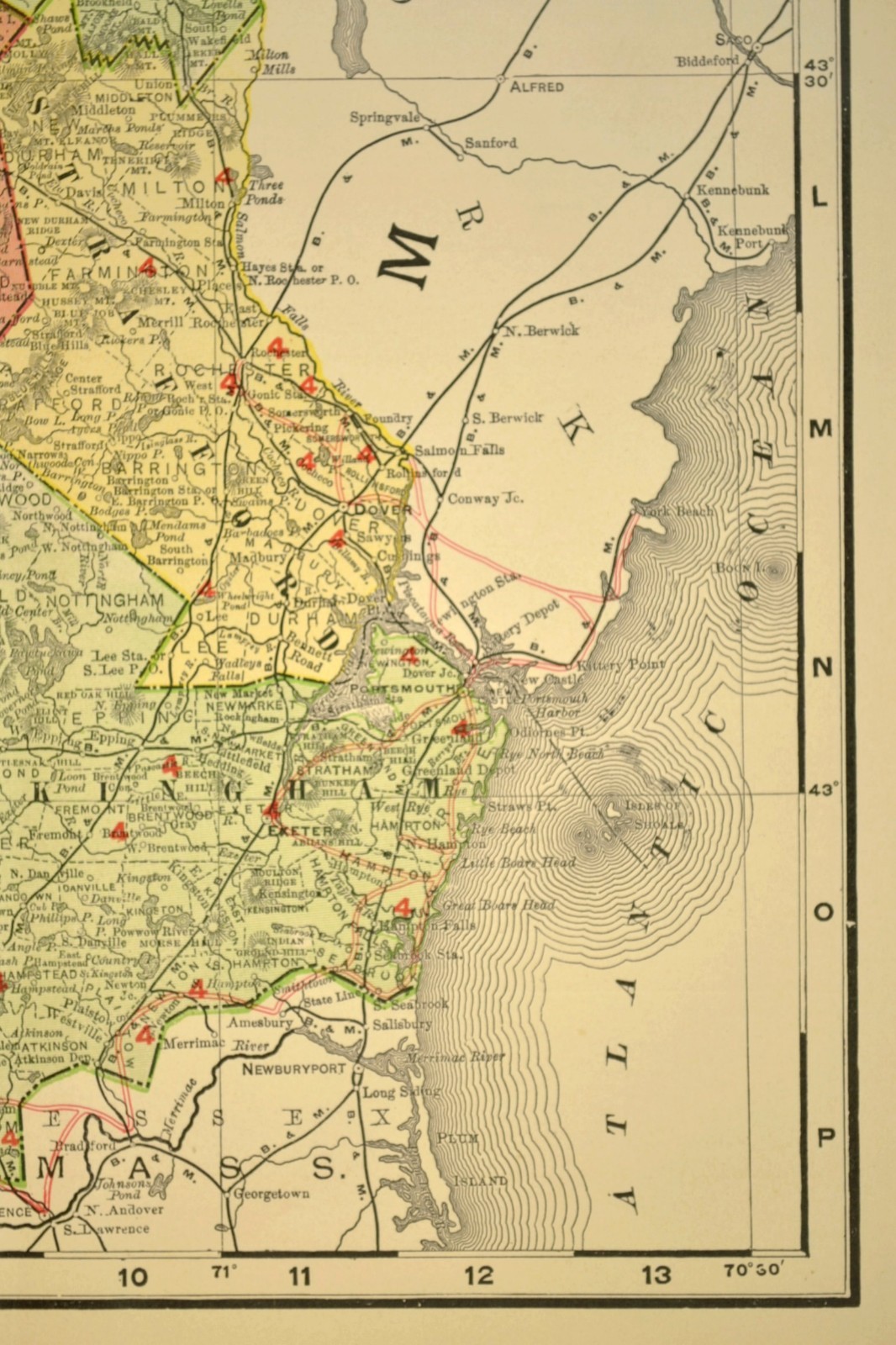1907 Antique New Hampshire Railroad Map Large Boston & Maine RR Atlas Map DATED