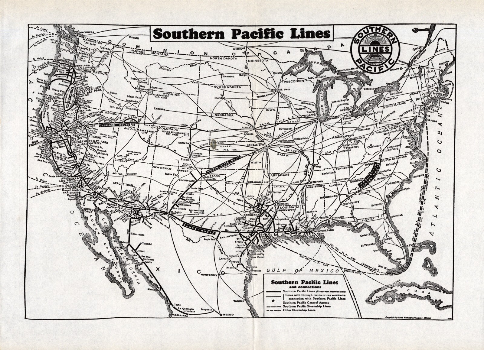 1940 Antique SOUTHERN PACIFIC Railroad Map Vintage Railway Map #1887