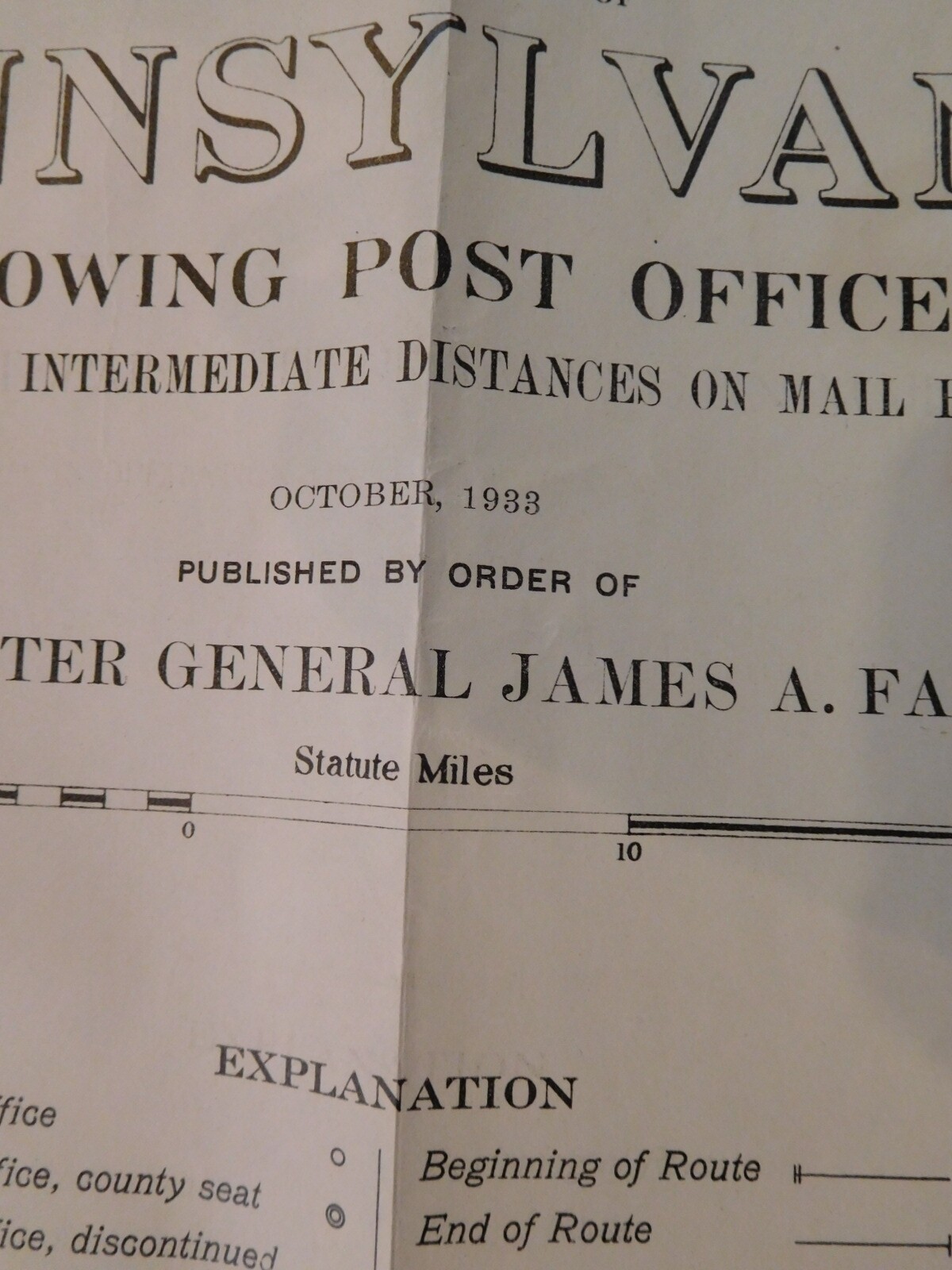 Map Pennsylvania Showing Post Offices 1933 w Railroads, Electic Rr, RR stations