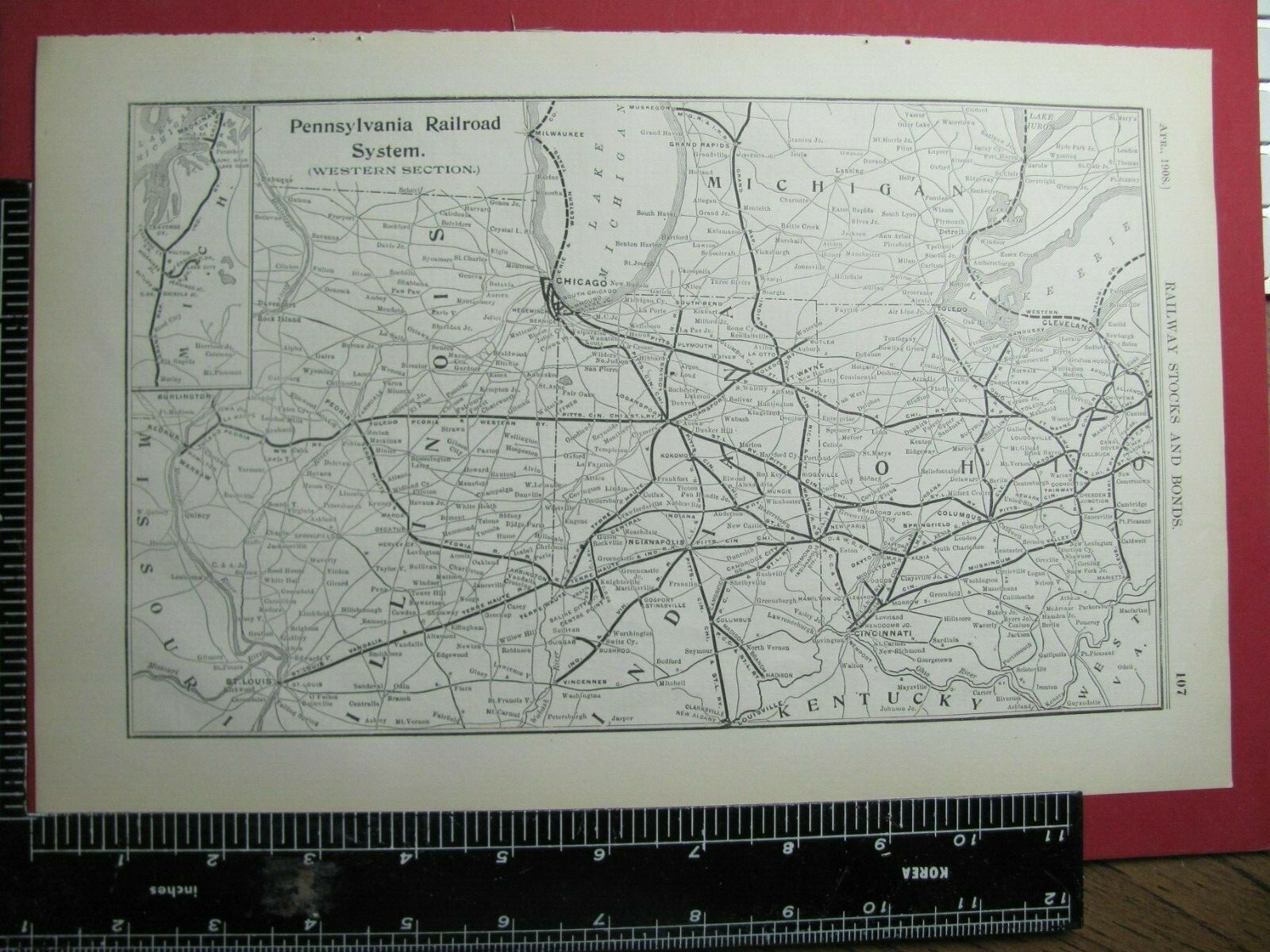 ORIG 1908 PENNSYLVANIA RAILROAD SYSTEM MAP WESTERN SECTION RR ROUTE in OH IN IL