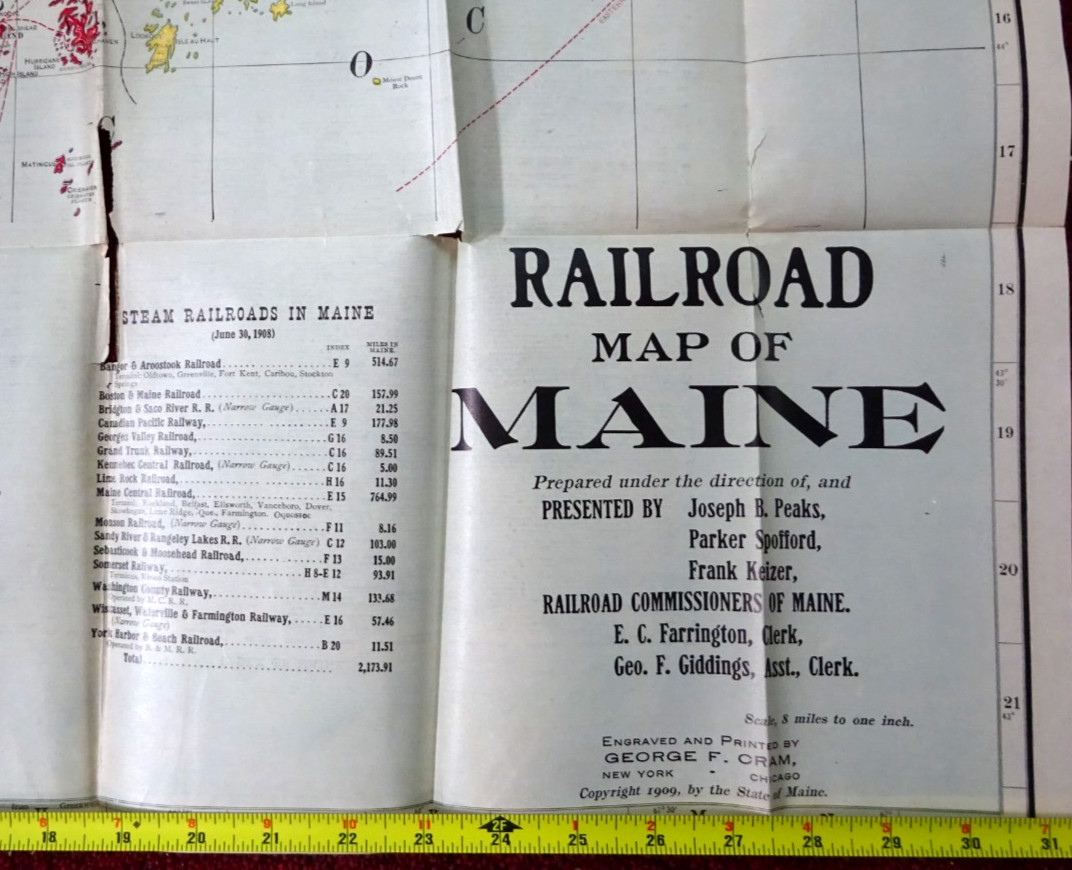 BIG GEO ORAM WALL MAP OF RAILROADS MAINE 41″ x 30″ PRINTED 1909 BY COMMISSIONERS