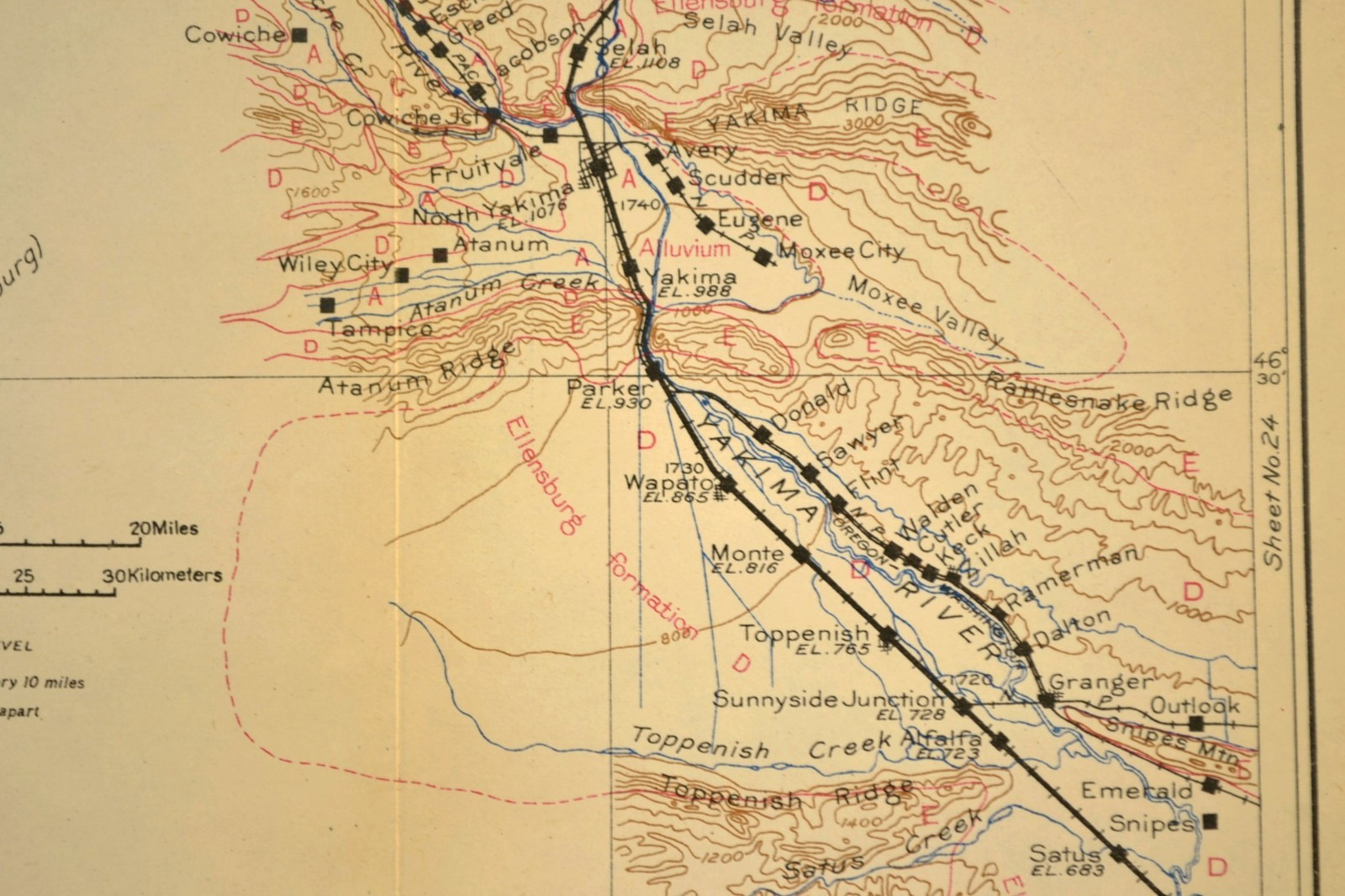 1915 Antique Northern Pacific Railroad Map Yakima Washington Toppenish WA OWR&N