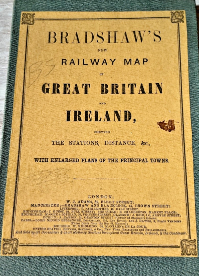 1856 Bradshaws Antique Folding Railway Map Great Britain W.J. Adams London