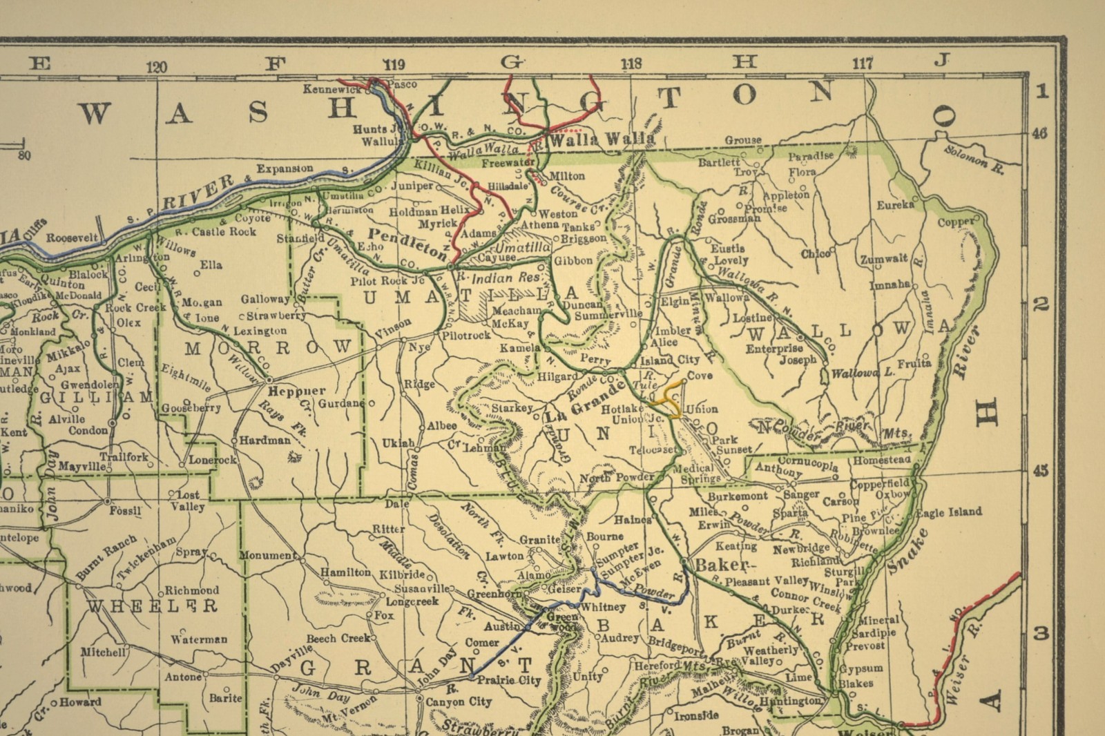 1914 Antique Map of OREGON Railroads Map ORIGINAL Atlas Map OWR&N RR DATED