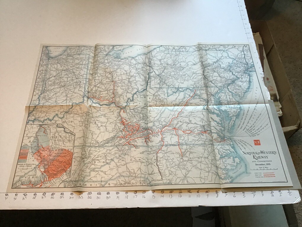 vintage railroad map: 22×32″ NORFOLK & WESTERN Railway 1935