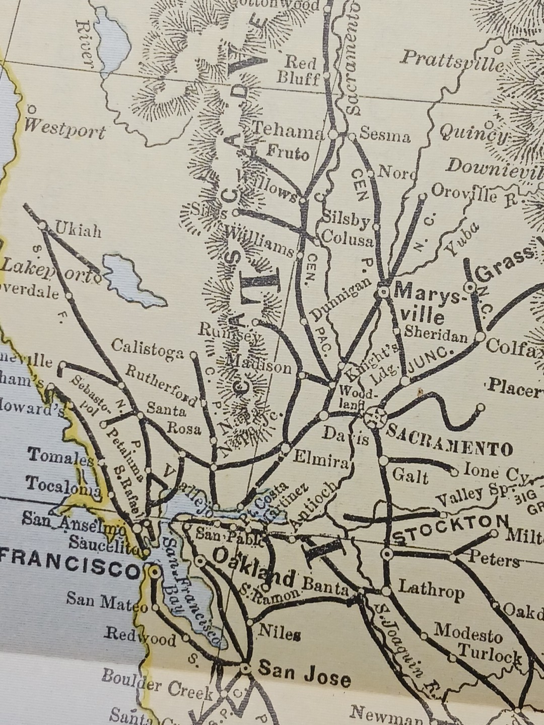 1892 Antique RAILROAD MAP California & Nevada ALL Train Route Lines 9×11″ Color