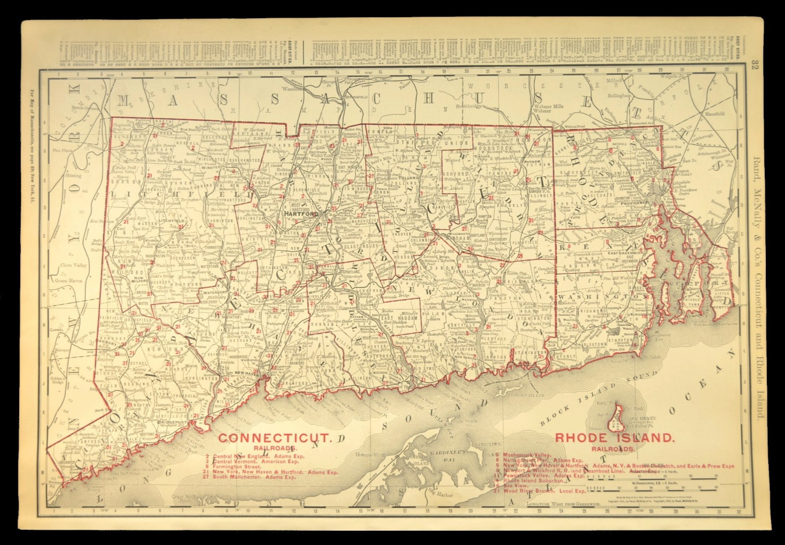 1901 Antique Connecticut Railroad Map of Rhode Island Large Atlas NH RR DATED