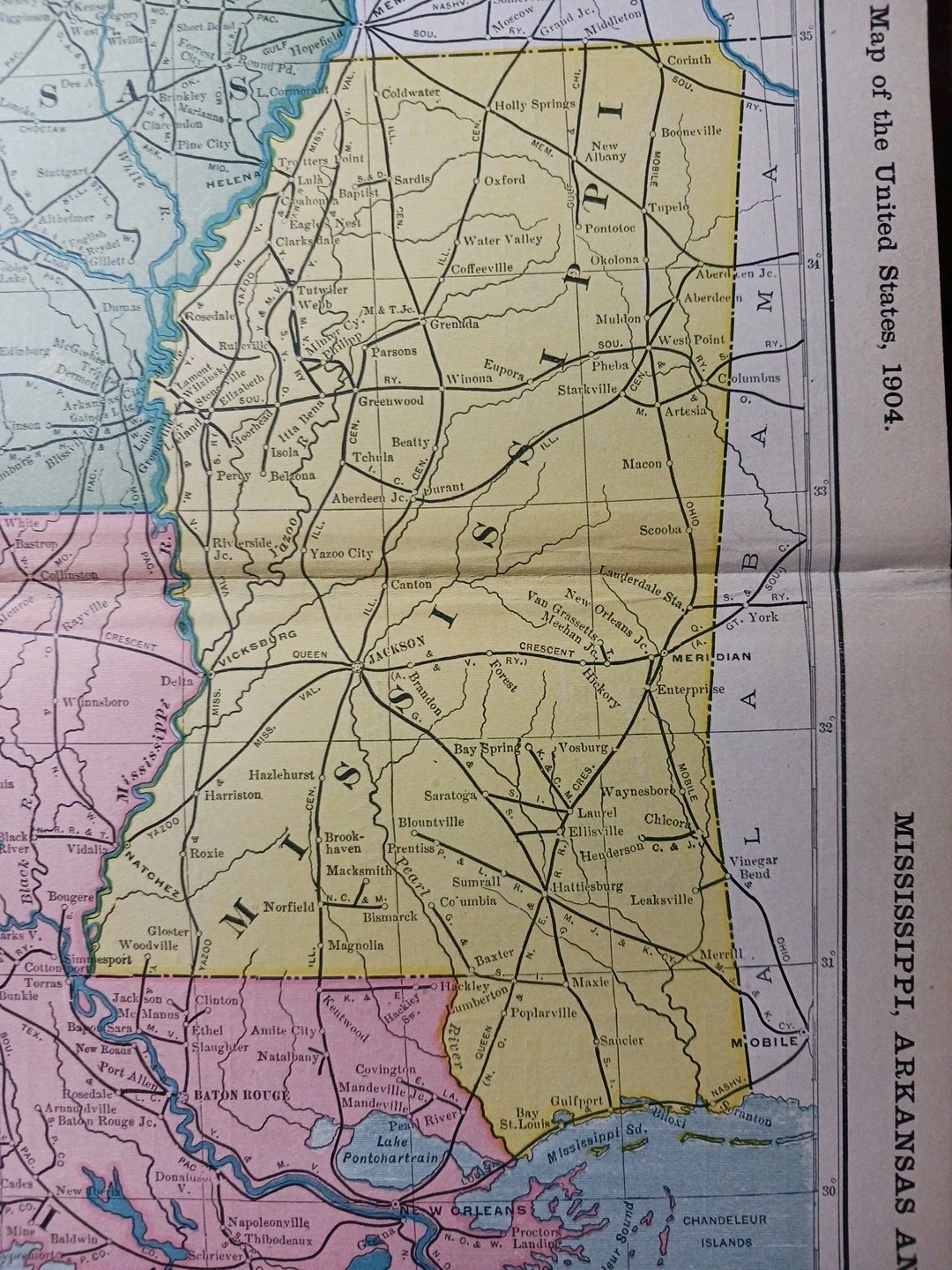 ~1904 Railroad Map MISSISSIPPI LOUISIANA ARKANSAS all Train lines Depots 11″x9″